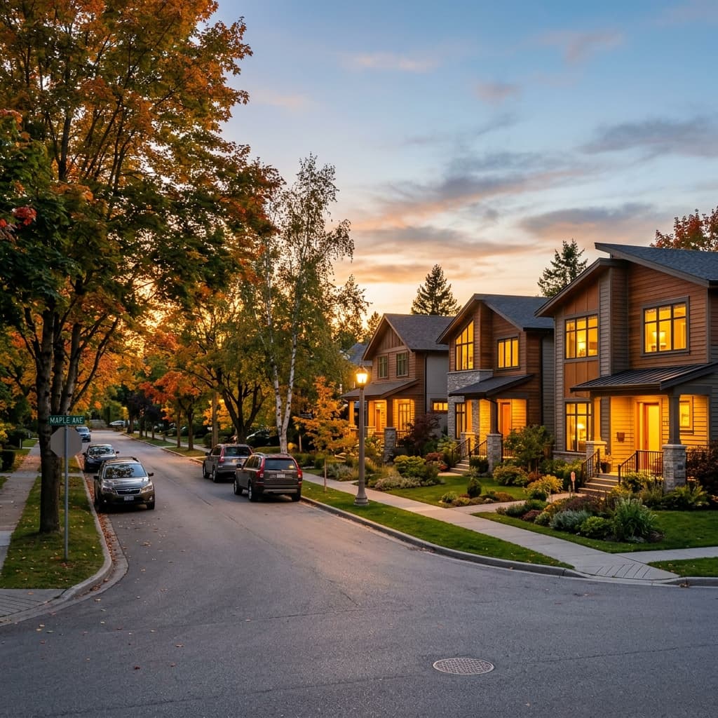 A quiet prairie street at dusk