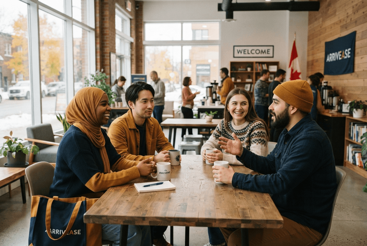 Newcomers sharing coffee at a community space